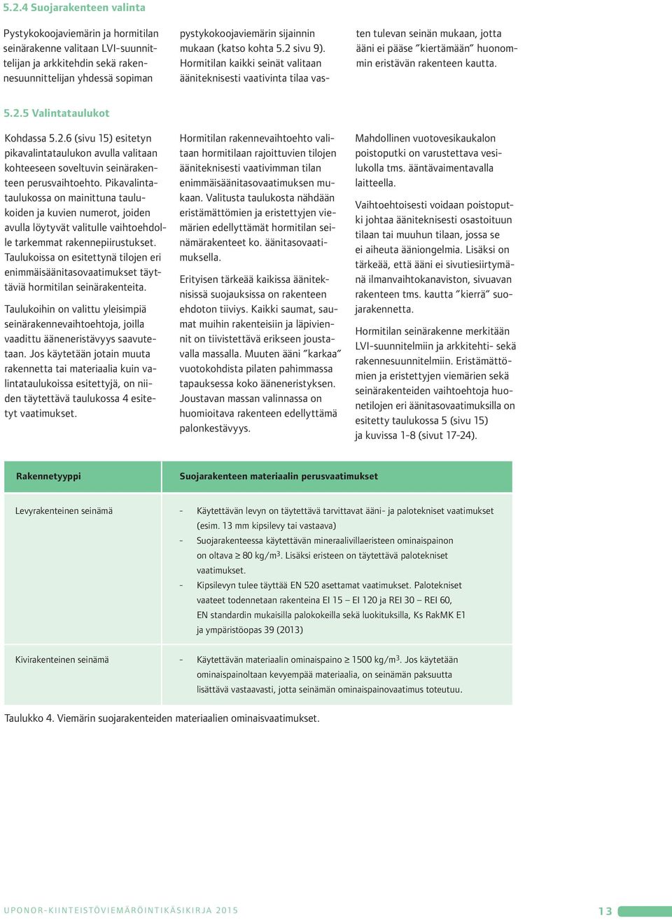 2.6 (sivu 5) esitetyn pikavalintataulukon avulla valitaan kohteeseen soveltuvin seinärakenteen perusvaihtoehto.
