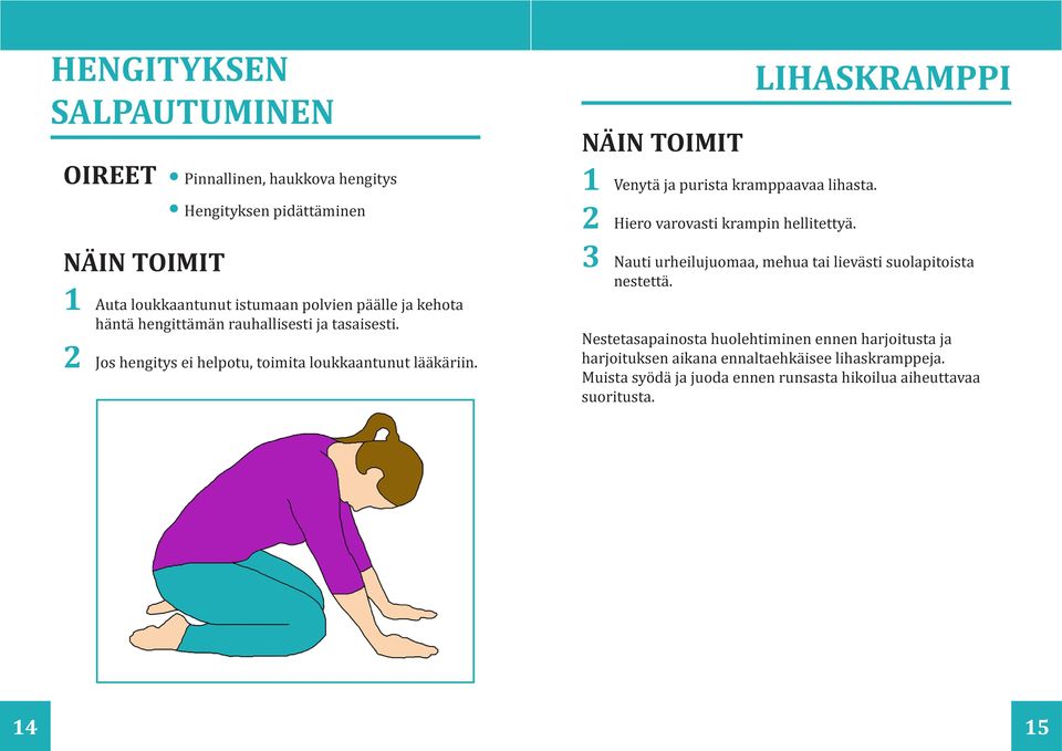 2 Hiero varovasti krampin hellitettyä. LIHASKRAMPPI 3 Nauti urheilujuomaa, mehua tai lievästi suolapitoista nestettä.