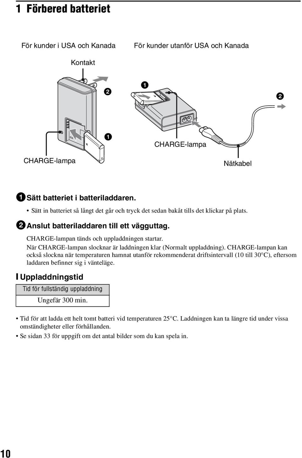 När CHARGE-lampan slocknar är laddningen klar (Normalt uppladdning).