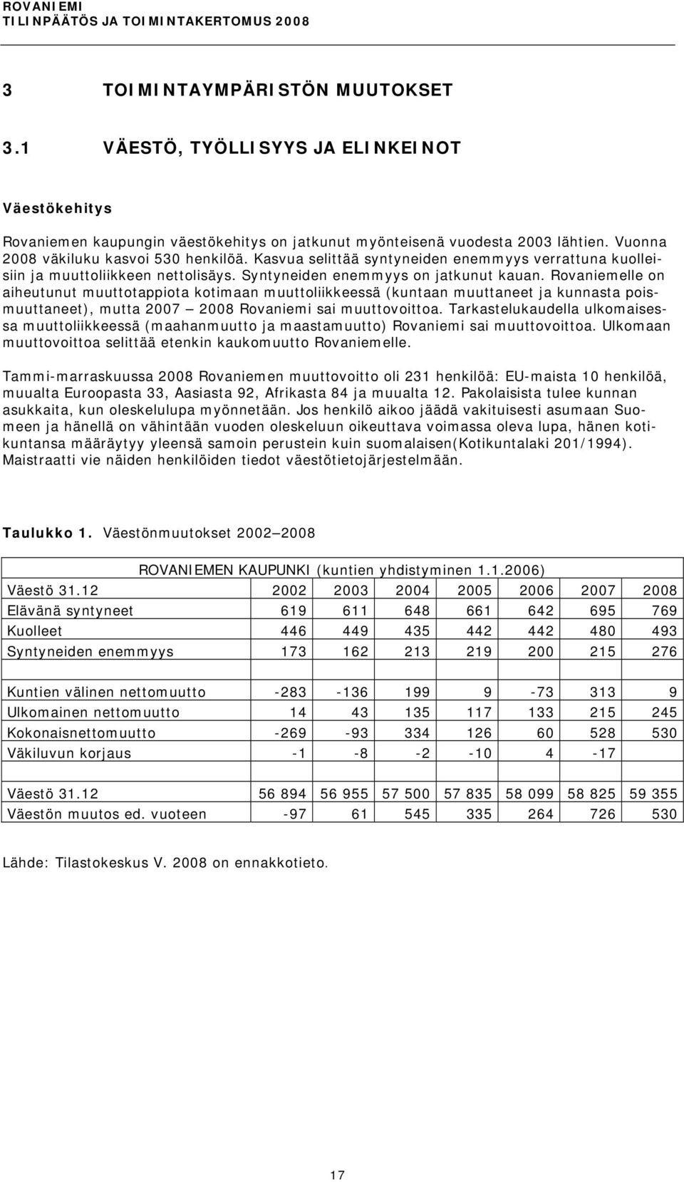 Rovaniemelle on aiheutunut muuttotappiota kotimaan muuttoliikkeessä (kuntaan muuttaneet ja kunnasta poismuuttaneet), mutta 2007 2008 Rovaniemi sai muuttovoittoa.