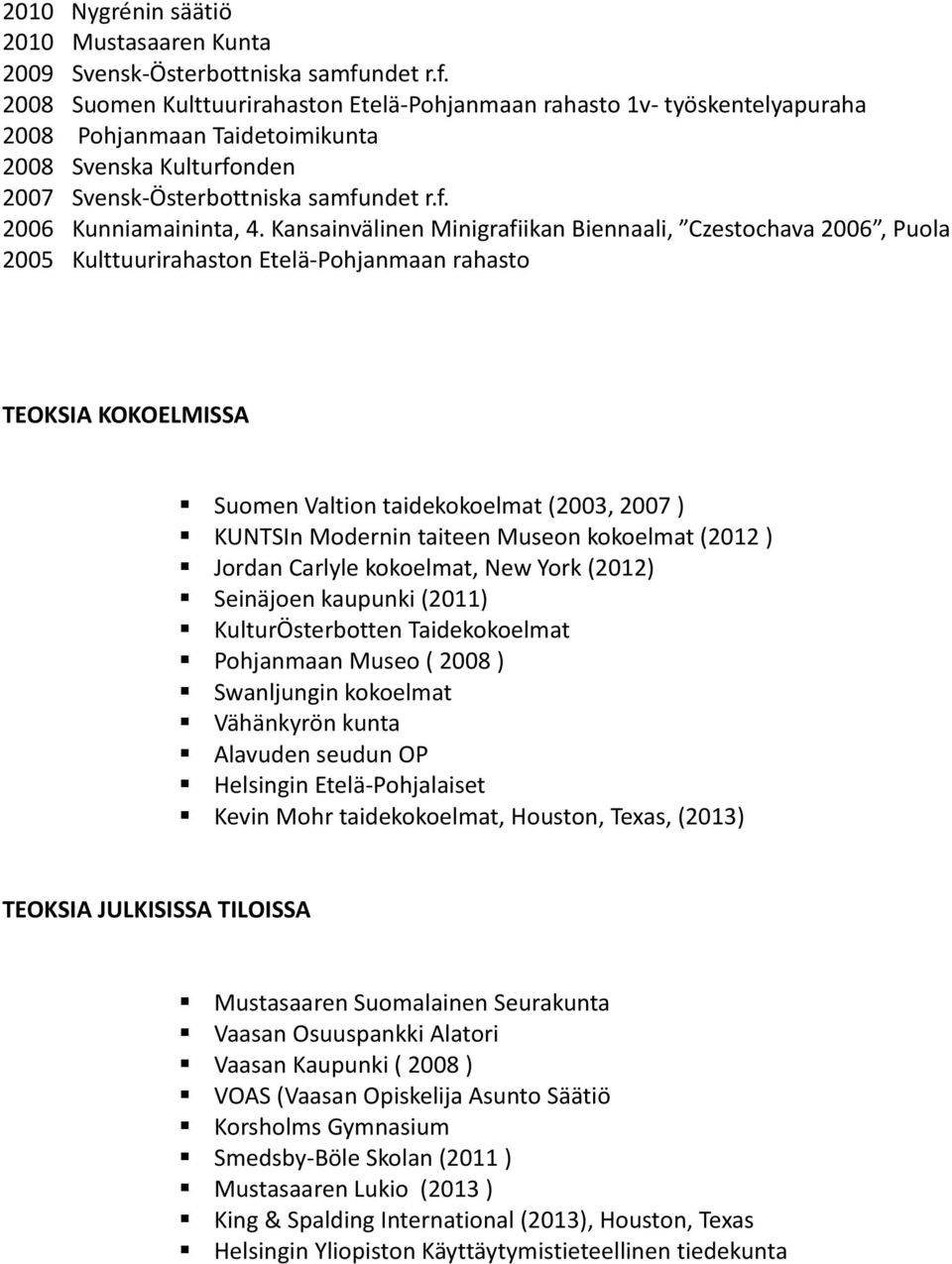 Kansainvälinen Minigrafiikan Biennaali, Czestochava 2006, Puola 2005 Kulttuurirahaston Etelä-Pohjanmaan rahasto TEOKSIA KOKOELMISSA Suomen Valtion taidekokoelmat (2003, 2007 ) KUNTSIn Modernin