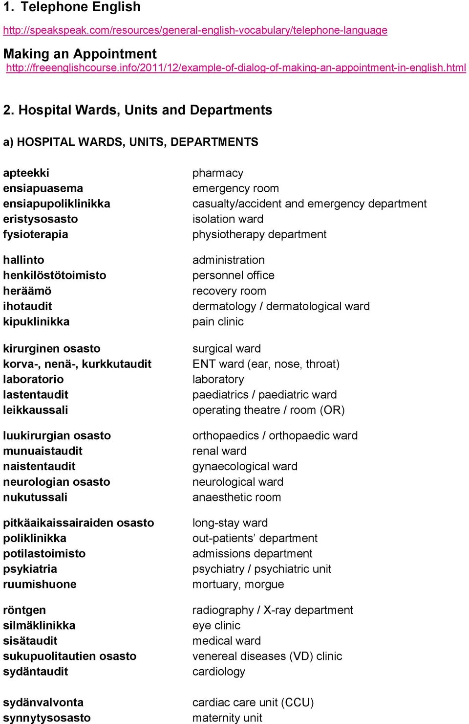 Hospital Wards, Units and Departments a) HOSPITAL WARDS, UNITS, DEPARTMENTS apteekki ensiapuasema ensiapupoliklinikka eristysosasto fysioterapia hallinto henkilöstötoimisto heräämö ihotaudit