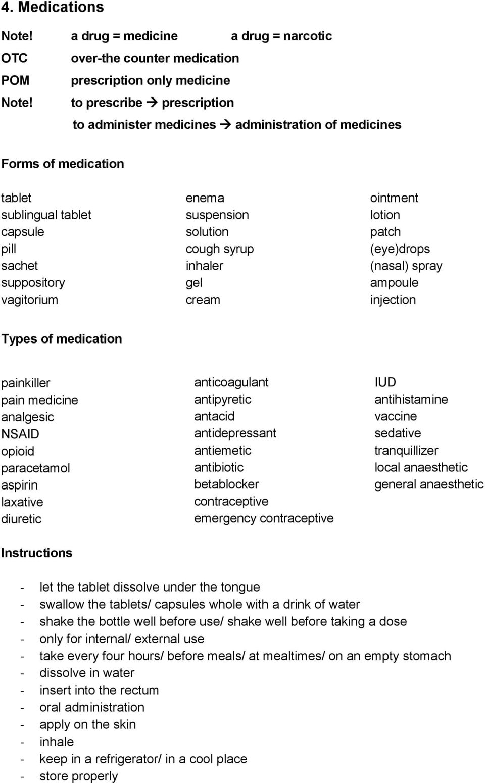 syrup inhaler gel cream ointment lotion patch (eye)drops (nasal) spray ampoule injection Types of medication painkiller pain medicine analgesic NSAID opioid paracetamol aspirin laxative diuretic