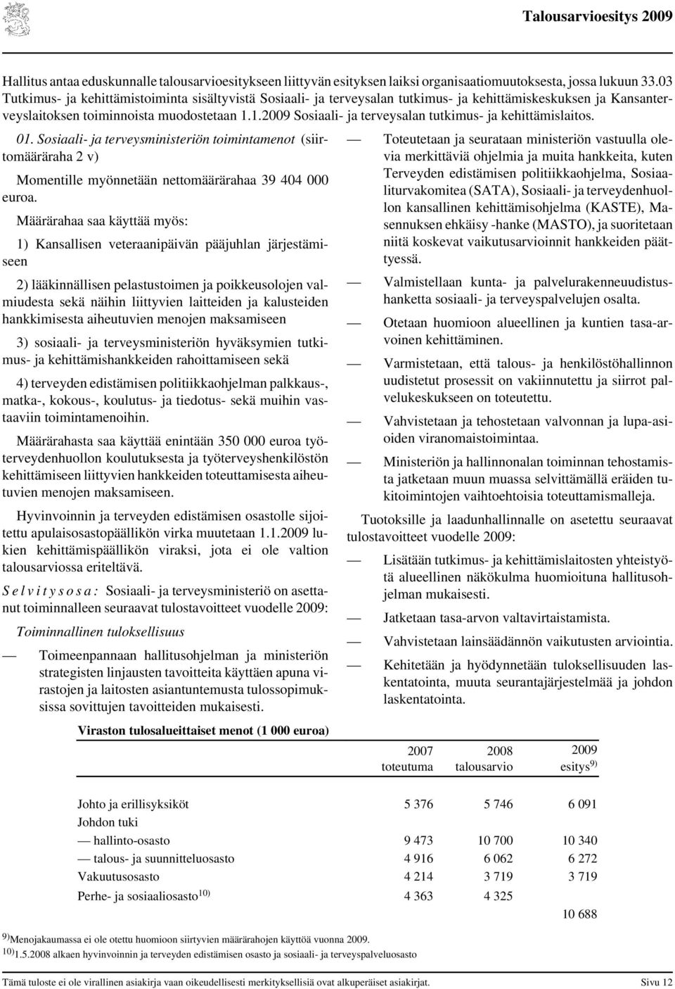 1.2009 Sosiaali- ja terveysalan tutkimus- ja kehittämislaitos. 01. Sosiaali- ja terveysministeriön toimintamenot (siirtomääräraha 2 v) Momentille myönnetään nettomäärärahaa 39 404 000 euroa.