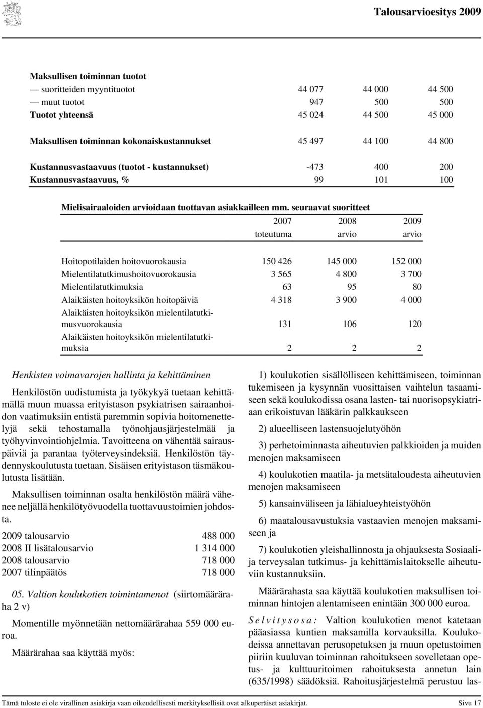 seuraavat suoritteet 2007 2008 2009 toteutuma arvio arvio Hoitopotilaiden hoitovuorokausia 150 426 145 000 152 000 Mielentilatutkimushoitovuorokausia 3 565 4 800 3 700 Mielentilatutkimuksia 63 95 80