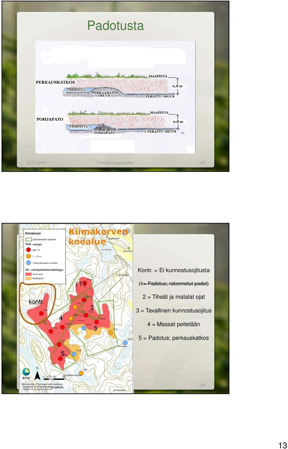 Tiheät ja matalat ojat 3 = Tavallinen kunnostusojitus 4 =