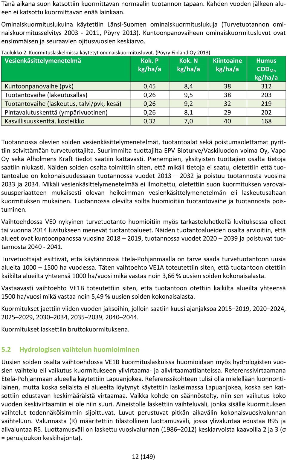 Kuntoonpanovaiheen ominaiskuormitusluvut ovat ensimmäisen ja seuraavien ojitusvuosien keskiarvo. Taulukko 2. Kuormituslaskelmissa käytetyt ominaiskuormitusluvut.