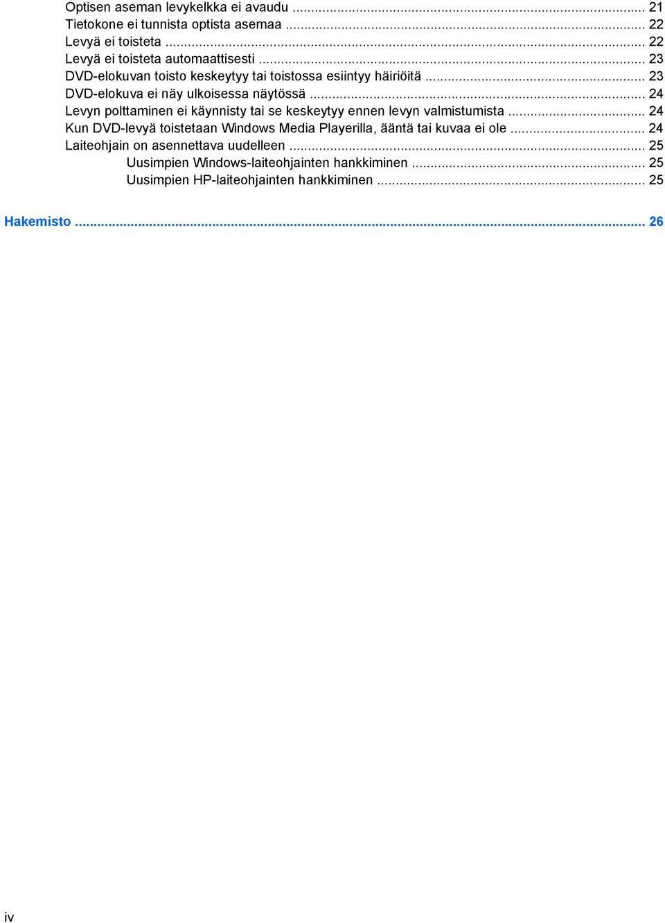 .. 24 Levyn polttaminen ei käynnisty tai se keskeytyy ennen levyn valmistumista.