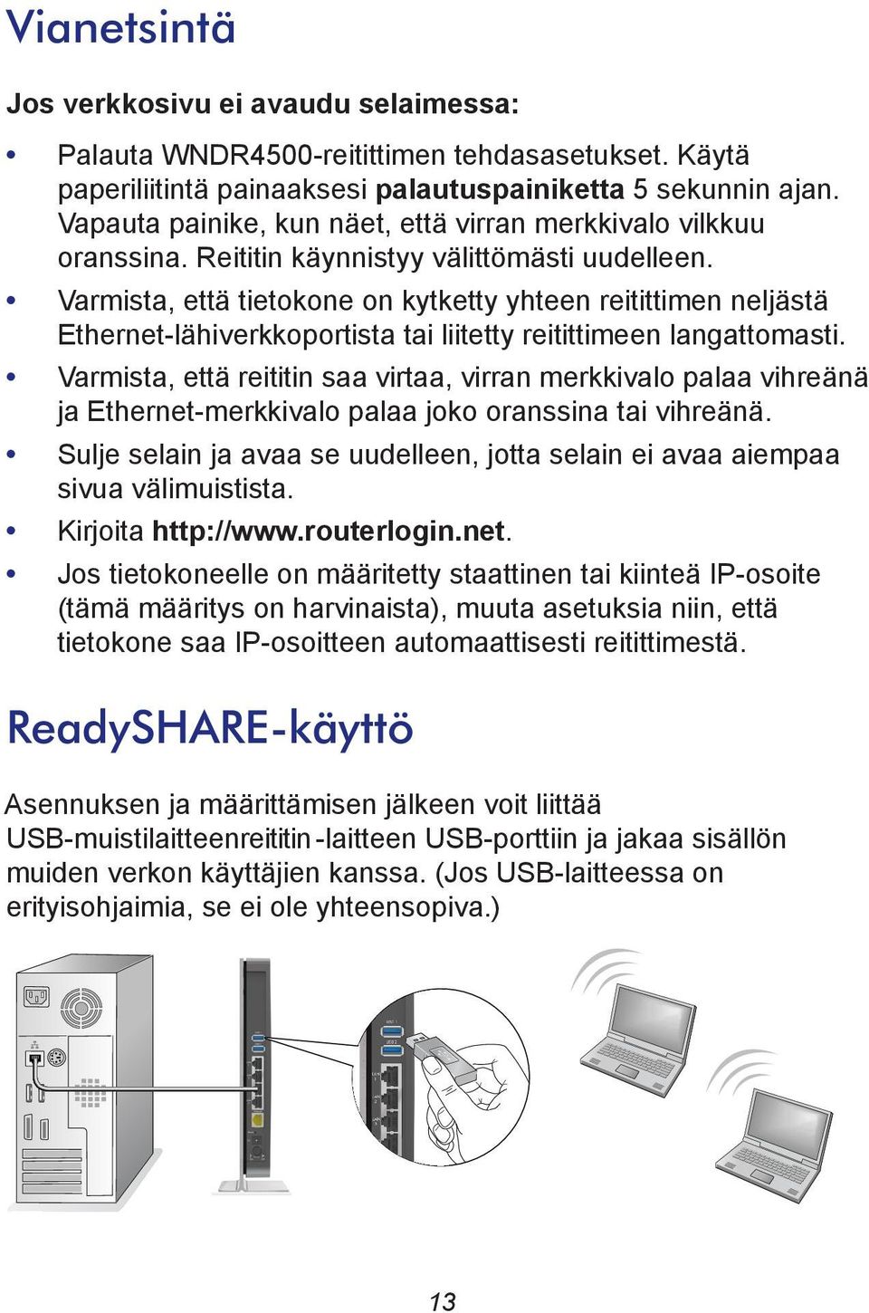 Varmista, että tietokone on kytketty yhteen reitittimen neljästä Ethernet-lähiverkkoportista tai liitetty reitittimeen langattomasti.