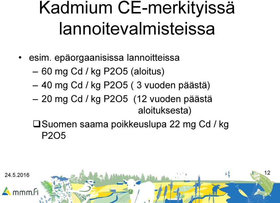 mg Cd / kg P2O5 ( 3 vuoden päästä) 20 mg Cd / kg P2O5 (12