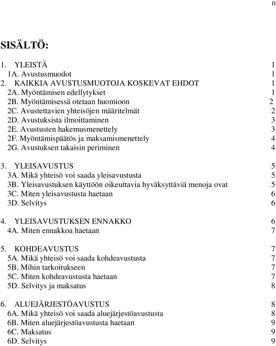 YLEISAVUSTUS 5 3A. Mikä yhteisö voi saada yleisavustusta 5 3B. Yleisavustuksen käyttöön oikeuttavia hyväksyttäviä menoja ovat 5 3C. Miten yleisavustusta haetaan 6 3D. Selvitys 6 4.