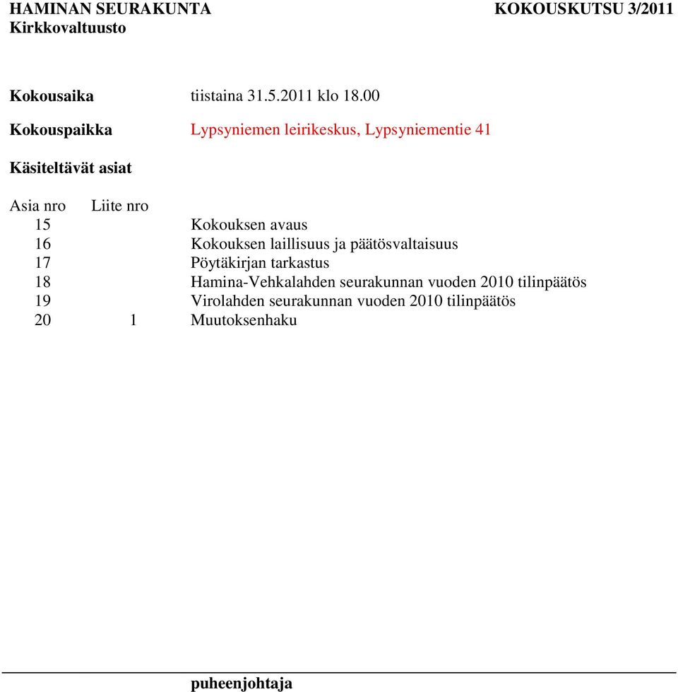 Kokouksen avaus 16 Kokouksen laillisuus ja päätösvaltaisuus 17 Pöytäkirjan tarkastus 18