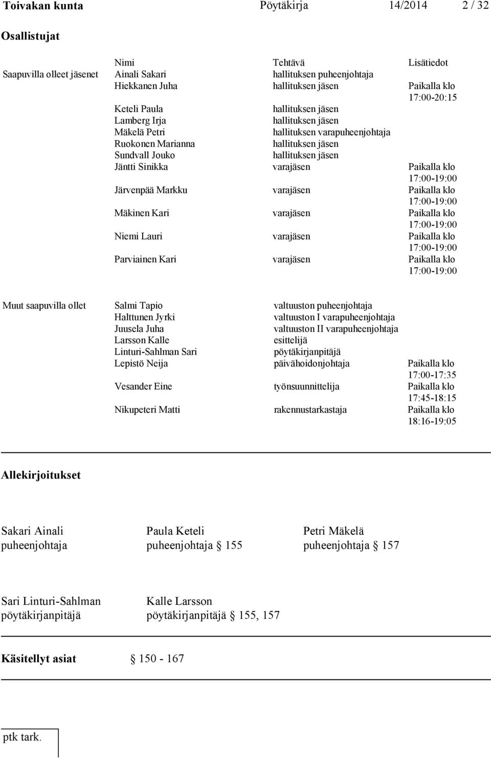 Sinikka varajäsen Paikalla klo 17:00-19:00 Järvenpää Markku varajäsen Paikalla klo 17:00-19:00 Mäkinen Kari varajäsen Paikalla klo 17:00-19:00 Niemi Lauri varajäsen Paikalla klo 17:00-19:00