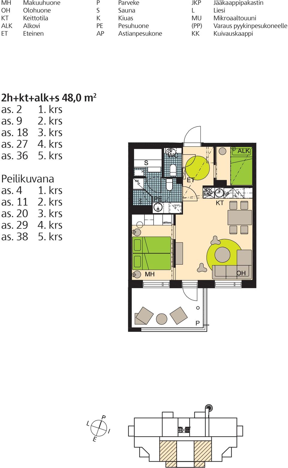 pyykinpesukoneelle Kuivauskaappi 2h+kt+alk+s 48,0 m 2 as. 2 1. krs as. 9 2. krs as. 18 3. krs as. 27 4.