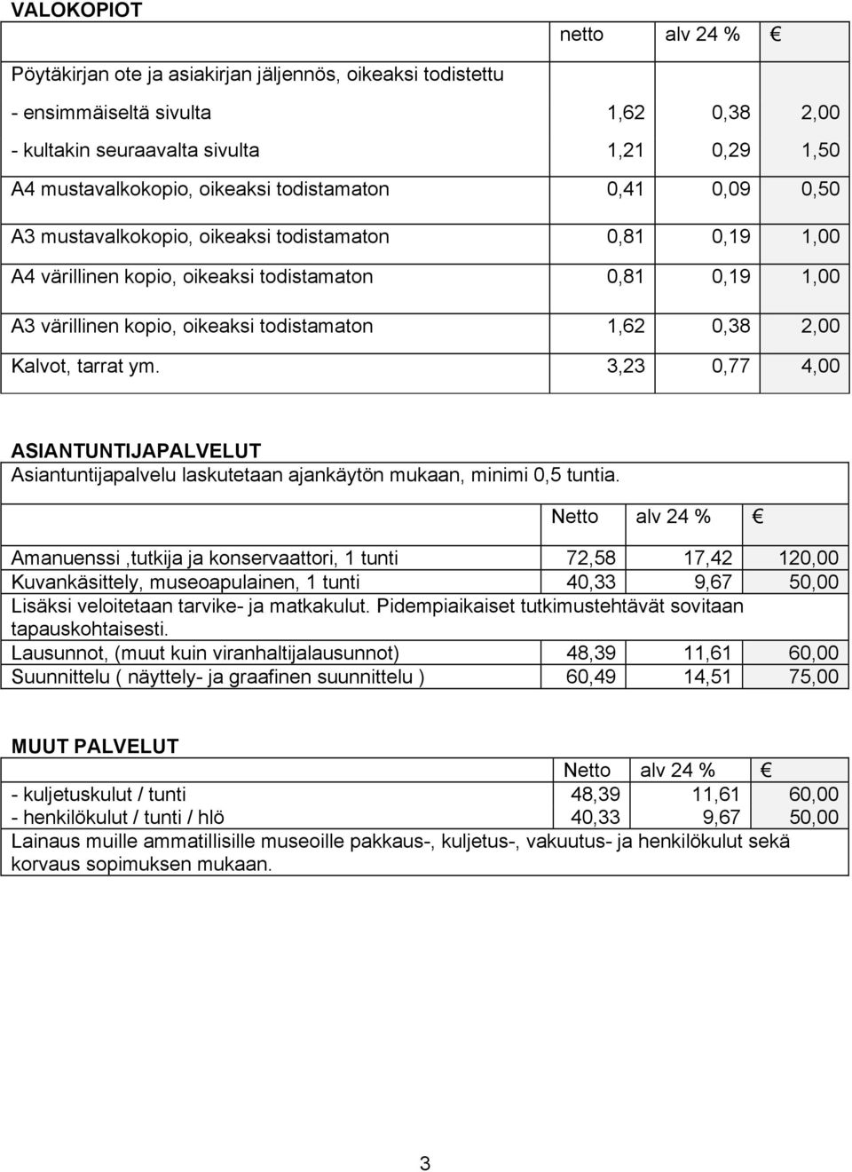 0,38 2,00 Kalvot, tarrat ym. 3,23 0,77 4,00 ASIANTUNTIJAPALVELUT Asiantuntijapalvelu laskutetaan ajankäytön mukaan, minimi 0,5 tuntia.