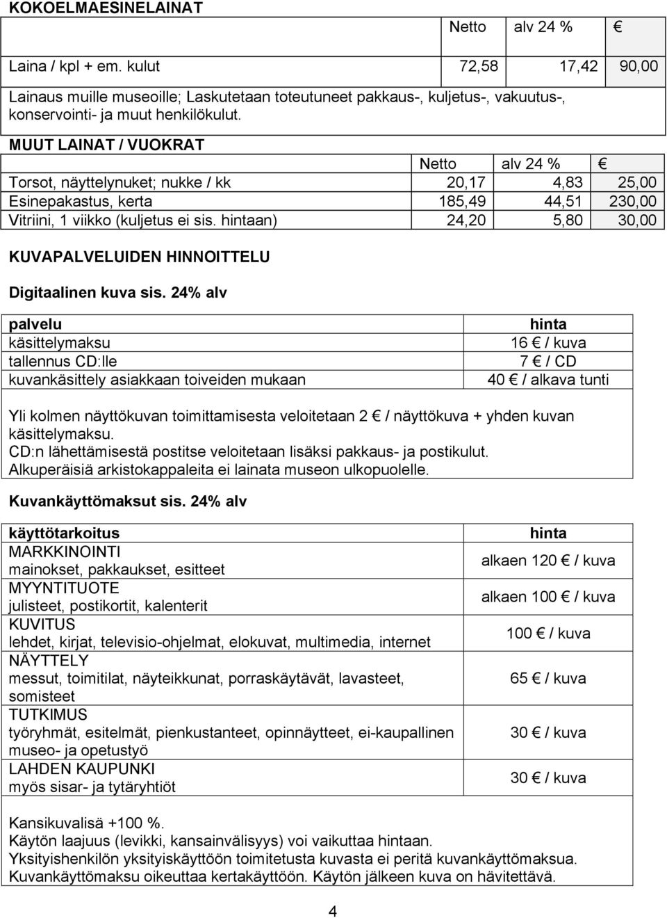 an) 24,20 5,80 30,00 KUVAPALVELUIDEN HINNOITTELU Digitaalinen kuva sis.