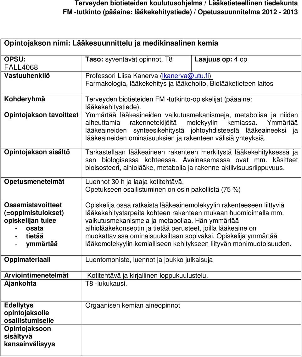 Opintojakson tavoitteet Ymmärtää lääkeaineiden vaikutusmekanismeja, metaboliaa ja niiden aiheuttamia rakennetekijöitä molekyylin kemiassa.