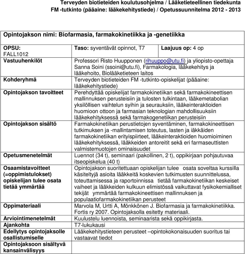 fi), Farmakologia, lääkekehitys ja lääkehoito, Biolääketieteen laitos Terveyden biotieteiden FM -tutkinto-opiskelijat (pääaine: Perehdyttää opiskelijat farmakokinetiikan sekä farmakokineettisen