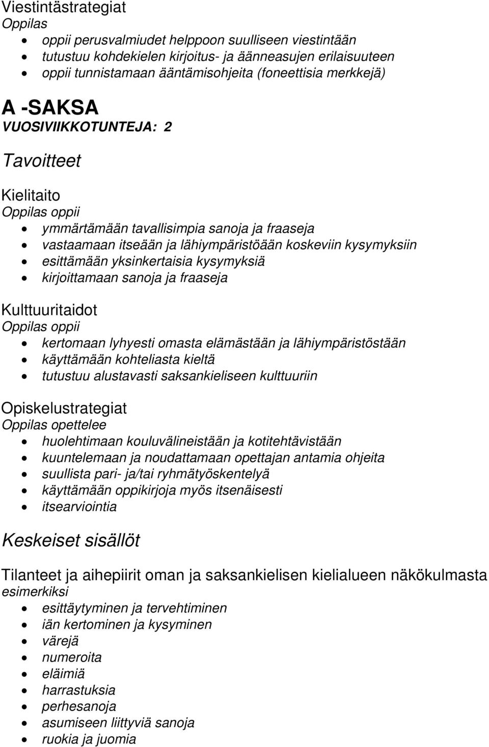 kirjoittamaan sanoja ja fraaseja Kulttuuritaidot oppii kertomaan lyhyesti omasta elämästään ja lähiympäristöstään käyttämään kohteliasta kieltä tutustuu alustavasti saksankieliseen kulttuuriin