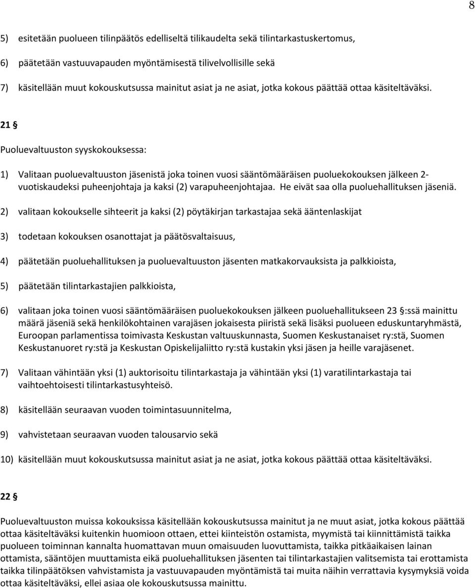 21 Puoluevaltuuston syyskokouksessa: 1) Valitaan puoluevaltuuston jäsenistä joka toinen vuosi sääntömääräisen puoluekokouksen jälkeen 2 vuotiskaudeksi puheenjohtaja ja kaksi (2) varapuheenjohtajaa.