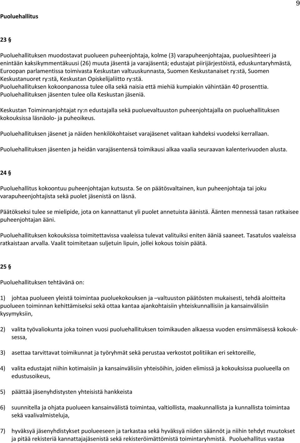 Puoluehallituksen kokoonpanossa tulee olla sekä naisia että miehiä kumpiakin vähintään 40 prosenttia. Puoluehallituksen jäsenten tulee olla Keskustan jäseniä.