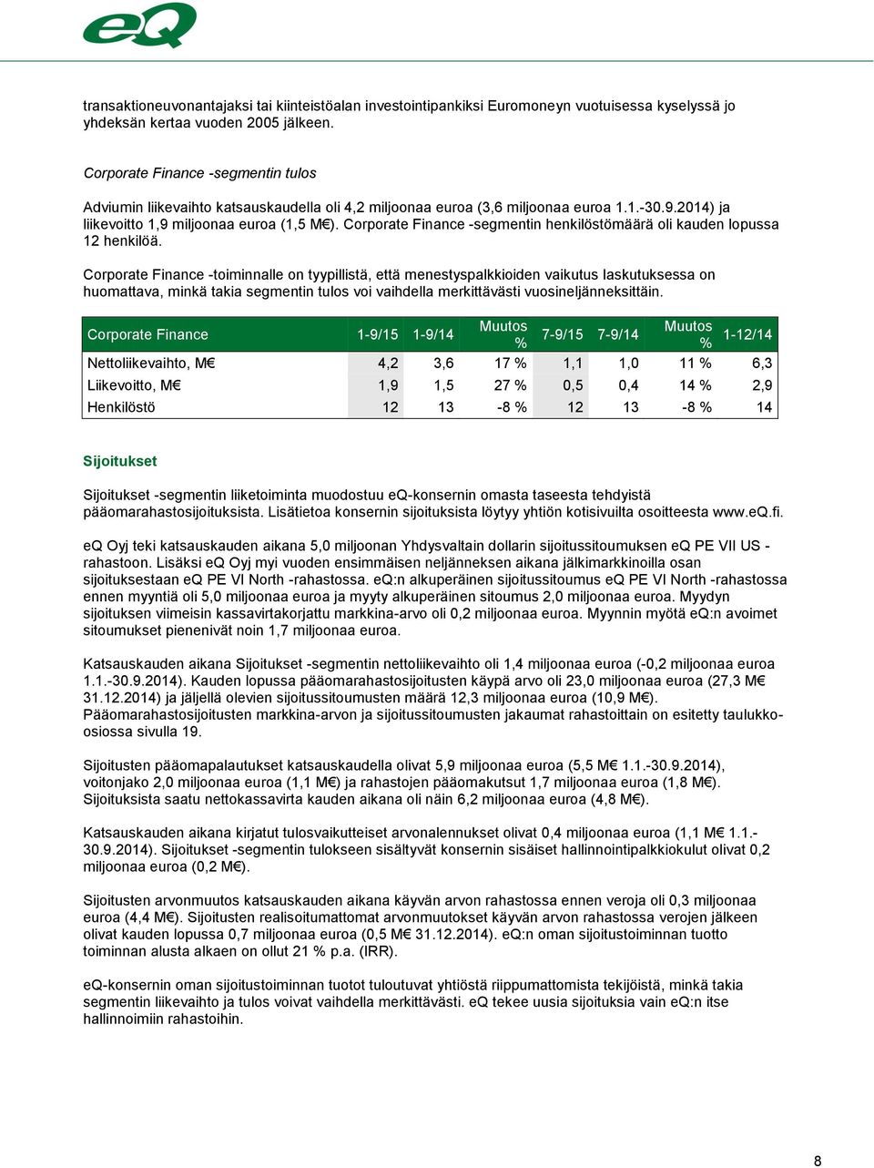 Corporate Finance -segmentin henkilöstömäärä oli kauden lopussa 12 henkilöä.