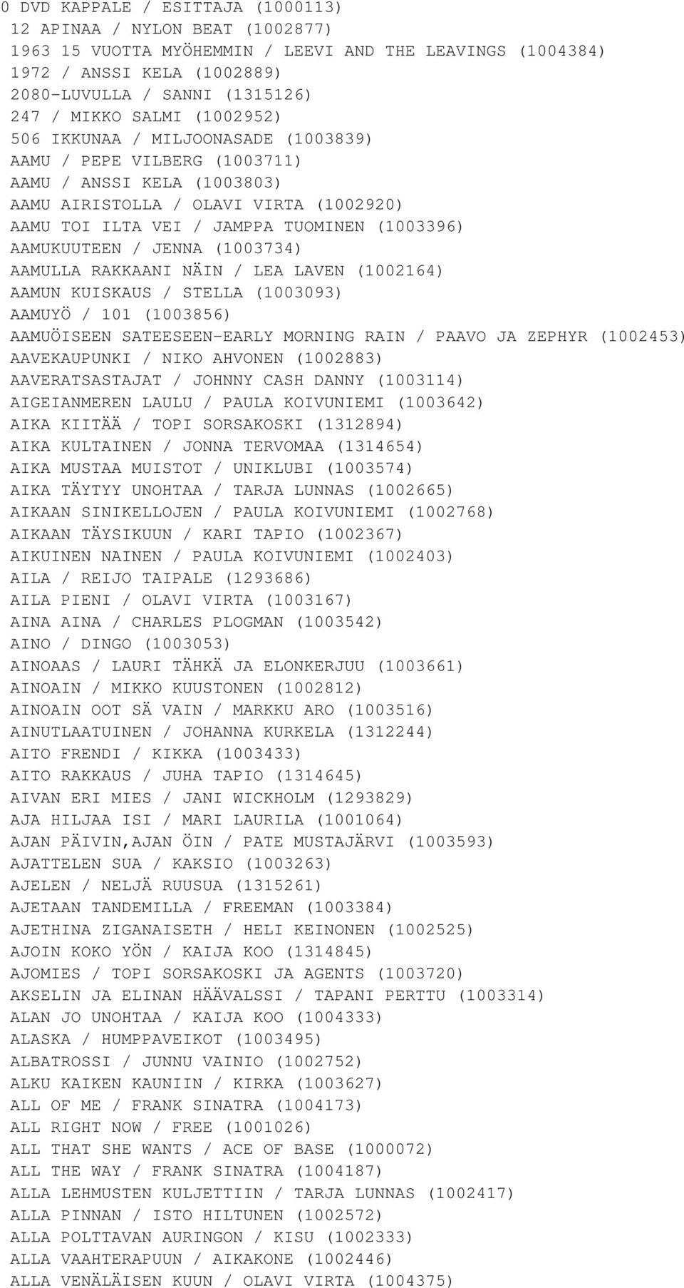 AAMUKUUTEEN / JENNA (1003734) AAMULLA RAKKAANI NÄIN / LEA LAVEN (1002164) AAMUN KUISKAUS / STELLA (1003093) AAMUYÖ / 101 (1003856) AAMUÖISEEN SATEESEEN-EARLY MORNING RAIN / PAAVO JA ZEPHYR (1002453)