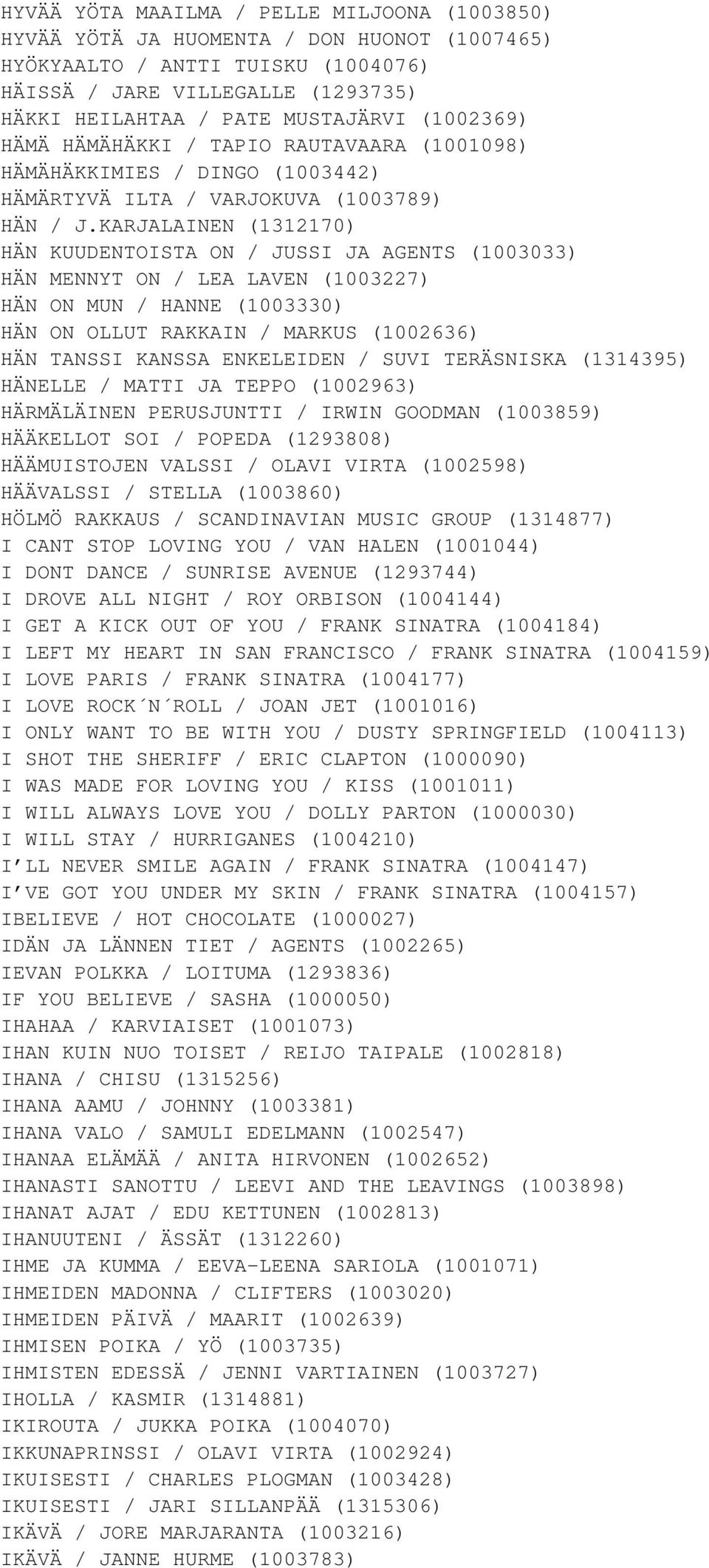 KARJALAINEN (1312170) HÄN KUUDENTOISTA ON / JUSSI JA AGENTS (1003033) HÄN MENNYT ON / LEA LAVEN (1003227) HÄN ON MUN / HANNE (1003330) HÄN ON OLLUT RAKKAIN / MARKUS (1002636) HÄN TANSSI KANSSA
