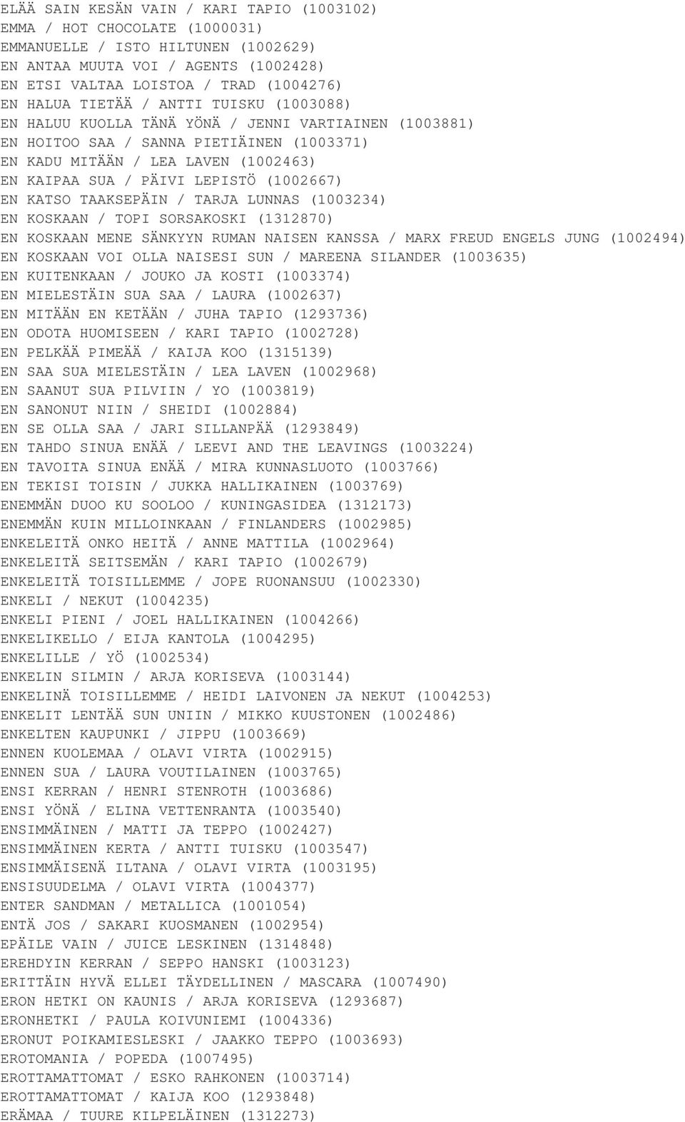 (1002667) EN KATSO TAAKSEPÄIN / TARJA LUNNAS (1003234) EN KOSKAAN / TOPI SORSAKOSKI (1312870) EN KOSKAAN MENE SÄNKYYN RUMAN NAISEN KANSSA / MARX FREUD ENGELS JUNG (1002494) EN KOSKAAN VOI OLLA