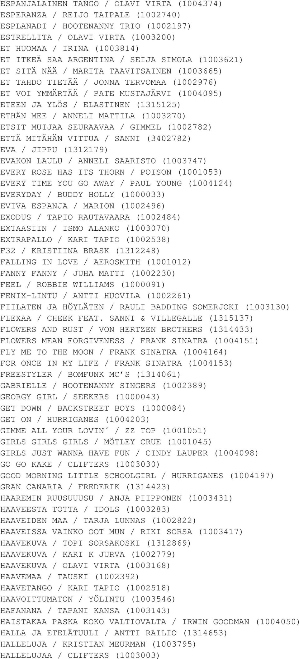 (1315125) ETHÄN MEE / ANNELI MATTILA (1003270) ETSIT MUIJAA SEURAAVAA / GIMMEL (1002782) ETTÄ MITÄHÄN VITTUA / SANNI (3402782) EVA / JIPPU (1312179) EVAKON LAULU / ANNELI SAARISTO (1003747) EVERY