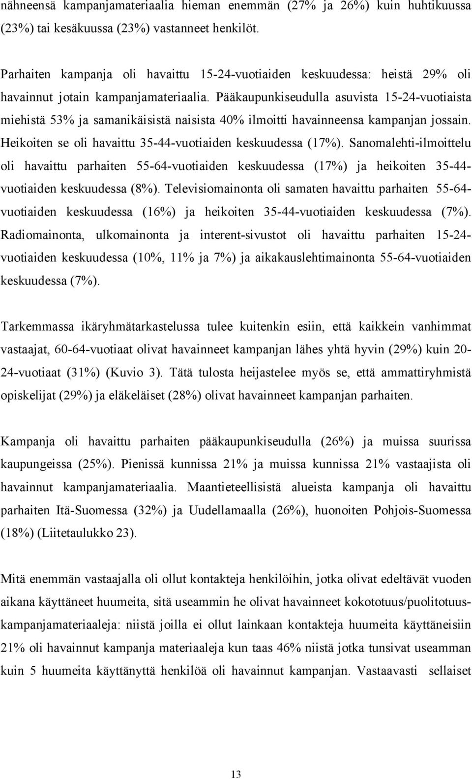 Pääkaupunkiseudulla asuvista 15-24-vuotiaista miehistä 53% ja samanikäisistä naisista 40% ilmoitti havainneensa kampanjan jossain. Heikoiten se oli havaittu 35-44-vuotiaiden keskuudessa (17%).