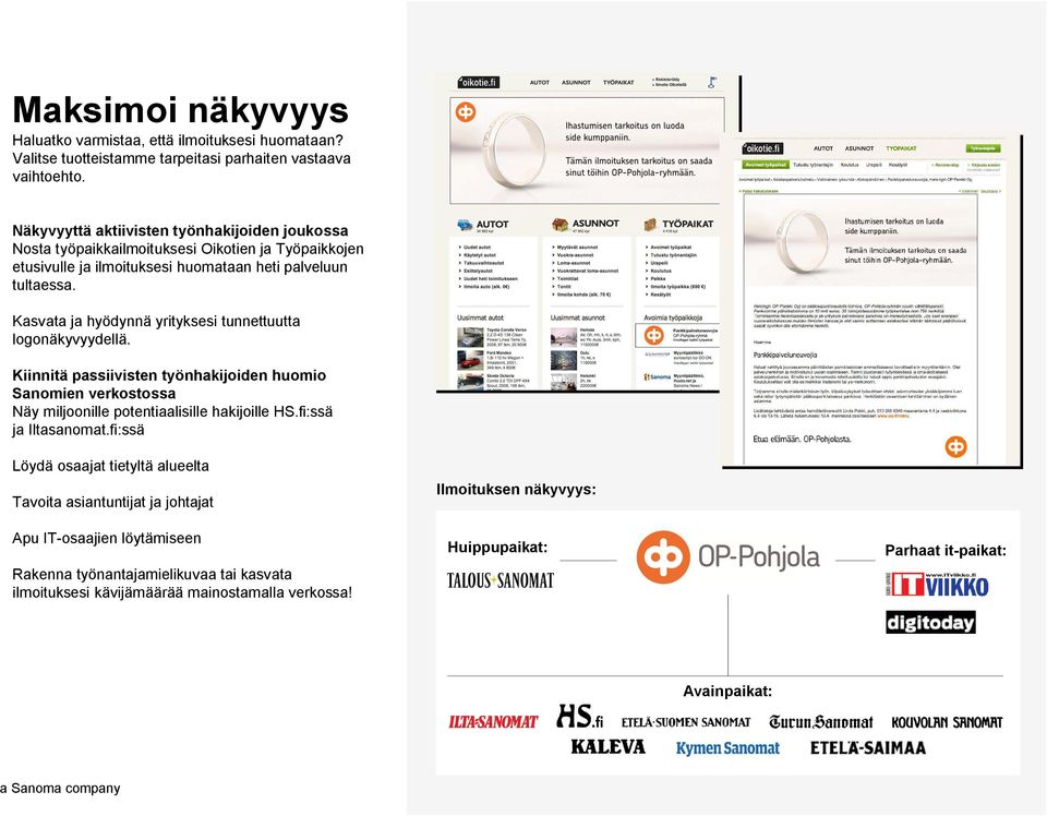 Kasvata ja hyödynnä yrityksesi tunnettuutta logonäkyvyydellä. Kiinnitä passiivisten työnhakijoiden huomio Sanomien verkostossa Näy miljoonille potentiaalisille hakijoille HS.