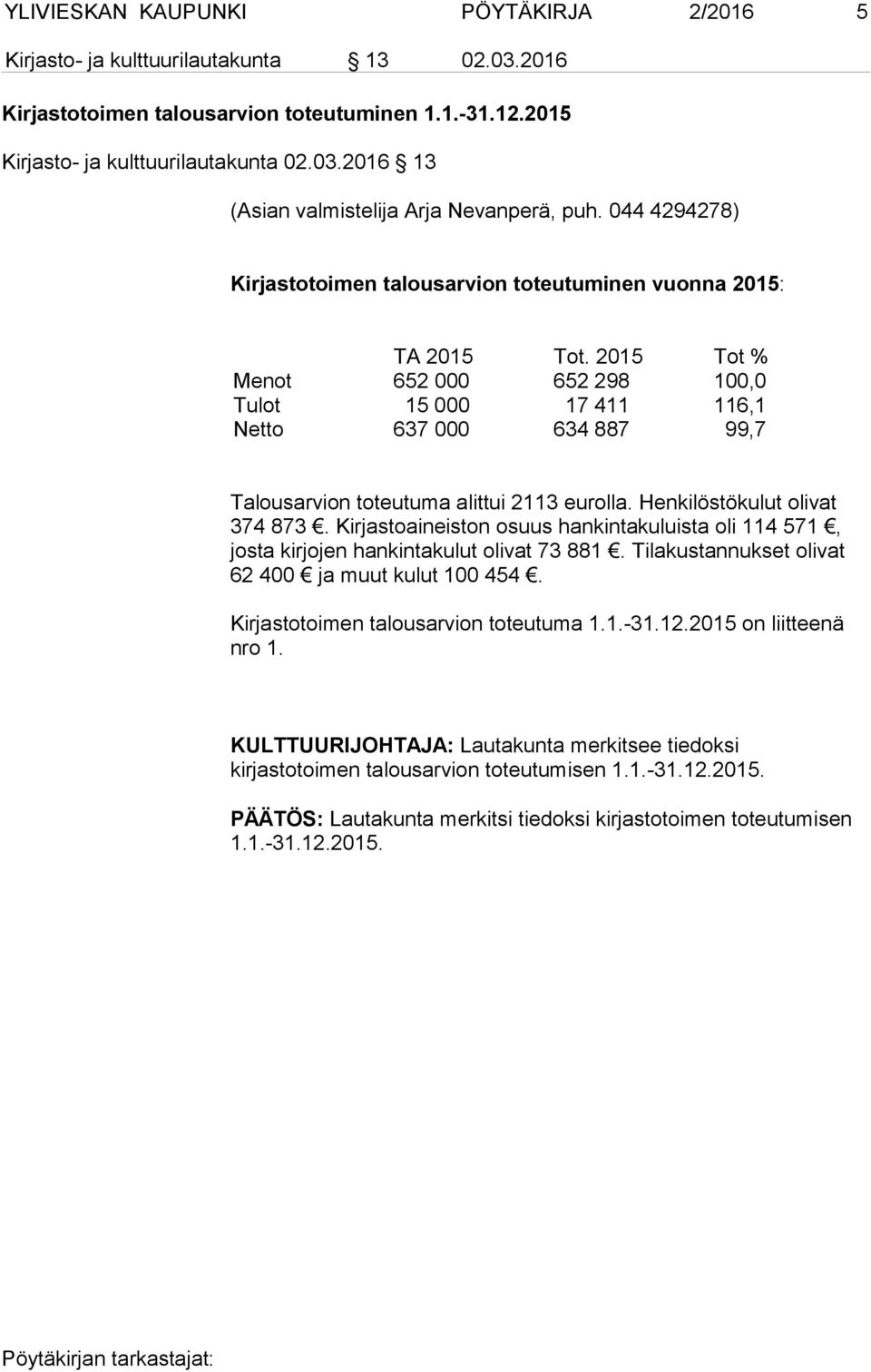 2015 Tot % Menot 652 000 652 298 100,0 Tulot 15 000 17 411 116,1 Netto 637 000 634 887 99,7 Talousarvion toteutuma alittui 2113 eurolla. Henkilöstökulut olivat 374 873.