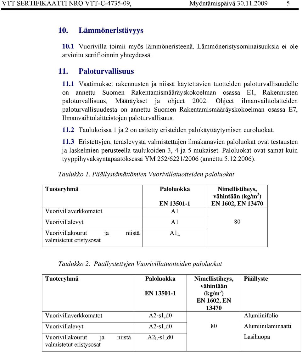 1 Vaatimukset rakennusten ja niissä käytettävien tuotteiden paloturvallisuudelle on annettu Suomen Rakentamismääräyskokoelman osassa E1, Rakennusten paloturvallisuus, Määräykset ja ohjeet 2002.