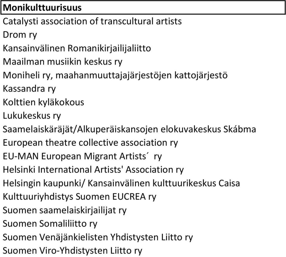collective association ry EU-MAN European Migrant Artists ry Helsinki International Artists' Association ry Helsingin kaupunki/ Kansainvälinen kulttuurikeskus