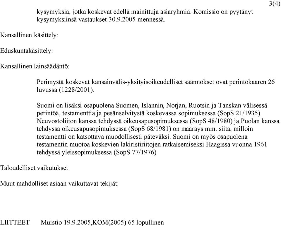 (1228/2001). Suomi on lisäksi osapuolena Suomen, Islannin, Norjan, Ruotsin ja Tanskan välisessä perintöä, testamenttia ja pesänselvitystä koskevassa sopimuksessa (SopS 21/1935).