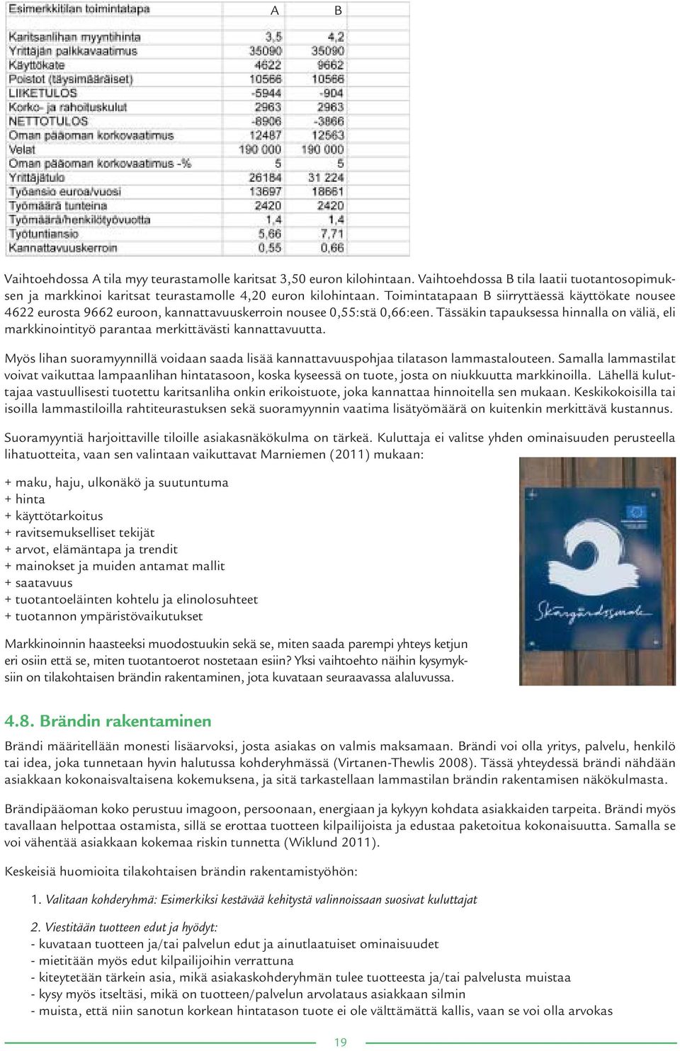 Tässäkin tapauksessa hinnalla on väliä, eli markkinointityö parantaa merkittävästi kannattavuutta. Myös lihan suoramyynnillä voidaan saada lisää kannattavuuspohjaa tilatason lammastalouteen.