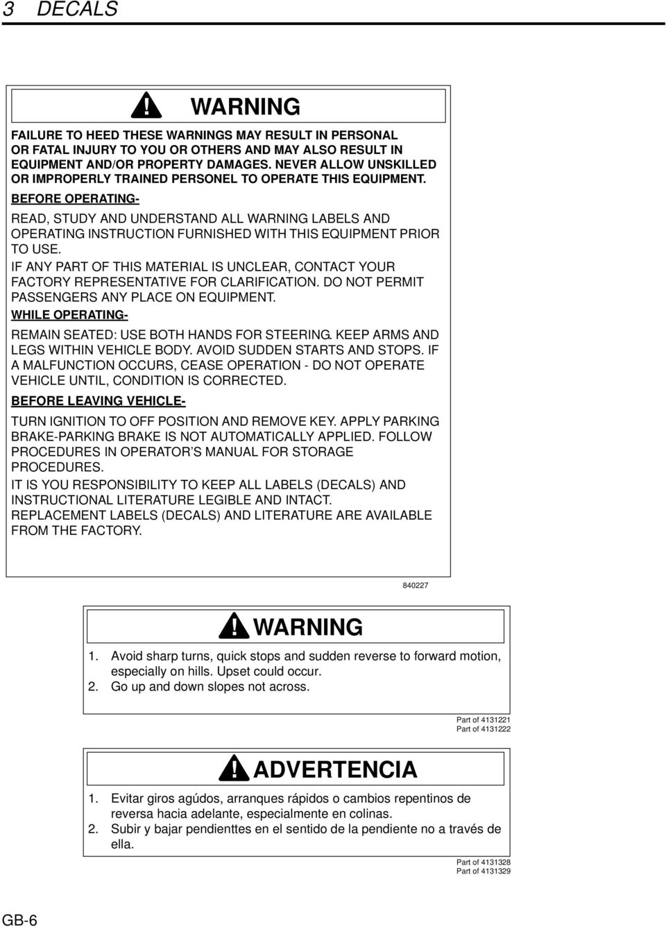 BEFORE OPERATING- READ, STUDY AND UNDERSTAND ALL WARNING LABELS AND OPERATING INSTRUCTION FURNISHED WITH THIS EQUIPMENT PRIOR TO USE.