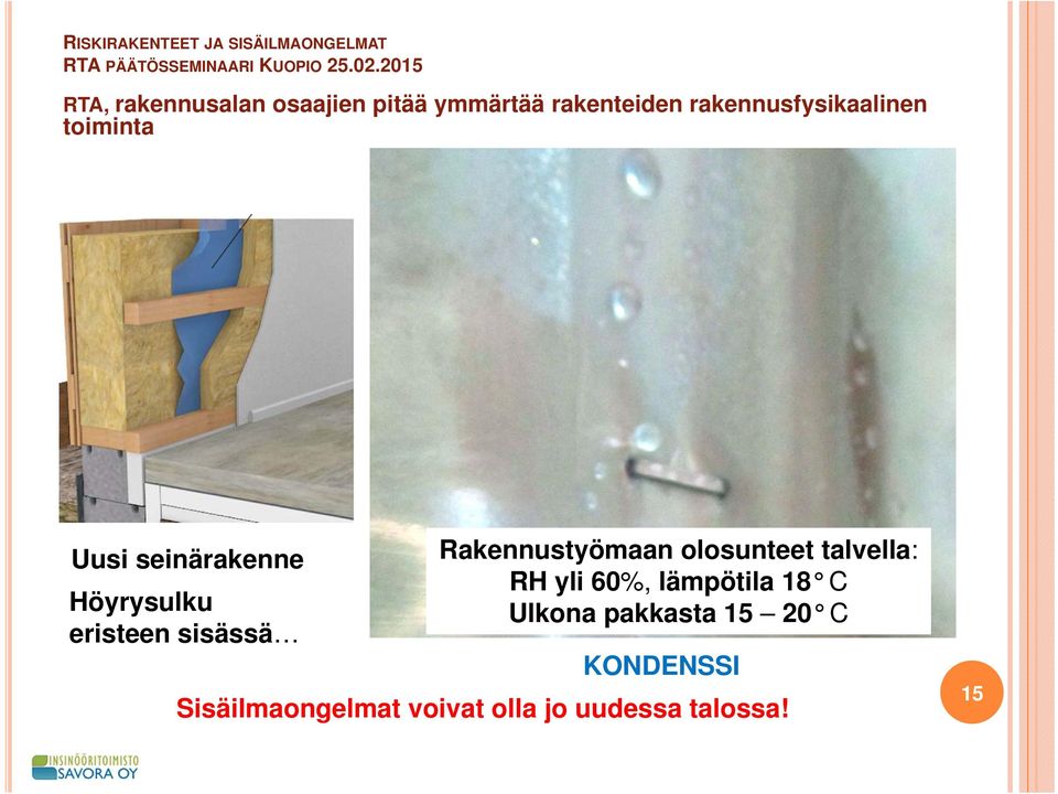 sisässä Rakennustyömaan olosunteet talvella: RH yli 60%, lämpötila 18