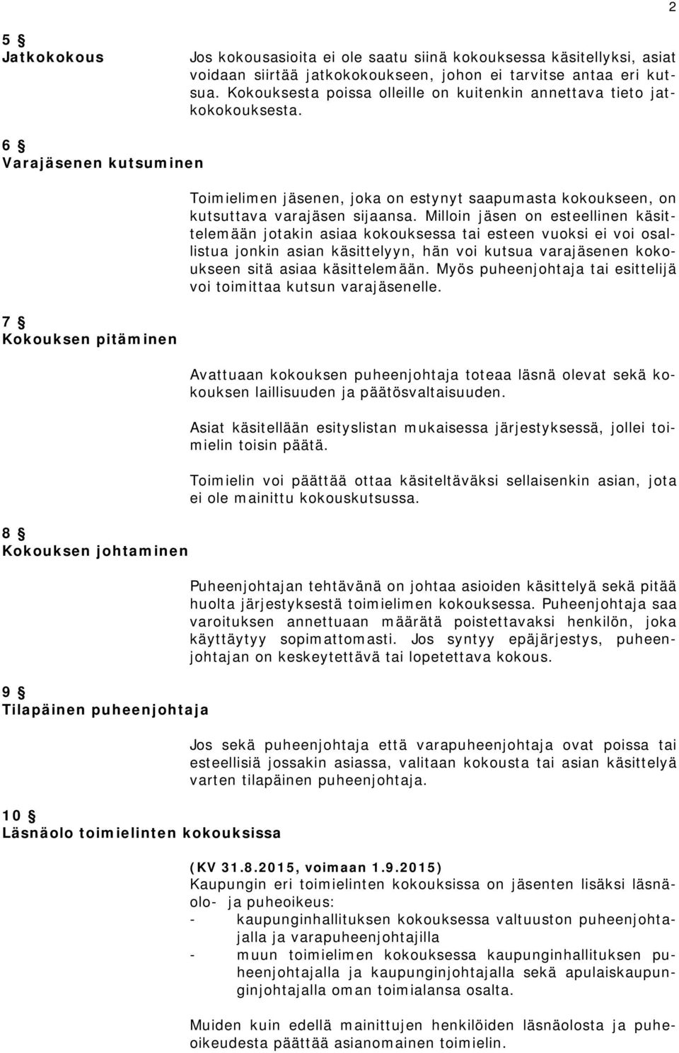 6 Varajäsenen kutsuminen 7 Kokouksen pitäminen 8 Kokouksen johtaminen 9 Tilapäinen puheenjohtaja 10 Läsnäolo toimielinten kokouksissa Toimielimen jäsenen, joka on estynyt saapumasta kokoukseen, on