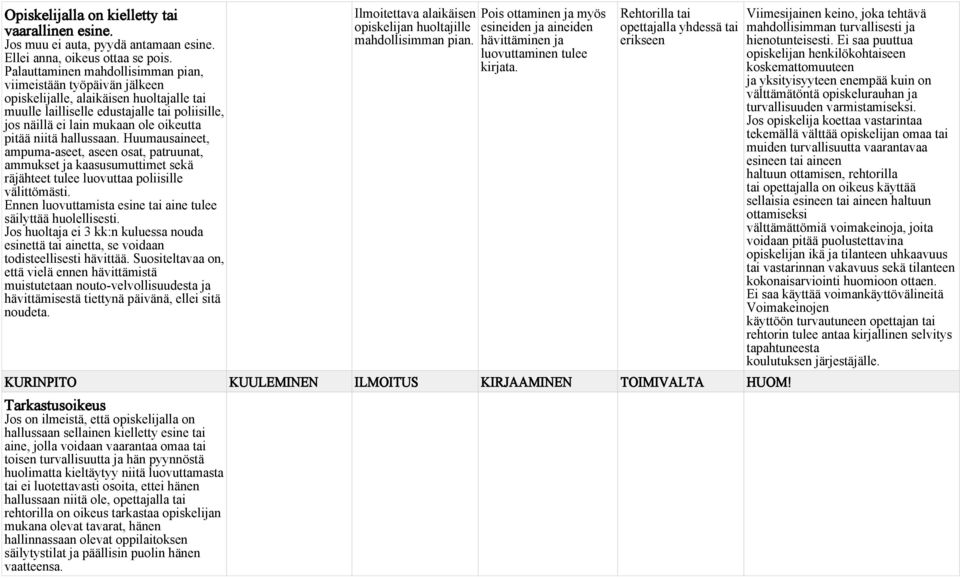 niitä hallussaan. Huumausaineet, ampuma-aseet, aseen osat, patruunat, ammukset ja kaasusumuttimet sekä räjähteet tulee luovuttaa poliisille välittömästi.