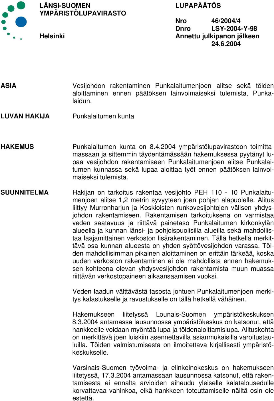 2004 ASIA LUVAN HAKIJA Vesijohdon rakentaminen Punkalaitumenjoen alitse sekä töiden aloittaminen ennen päätöksen lainvoimaiseksi tulemista, Punkalaidun.