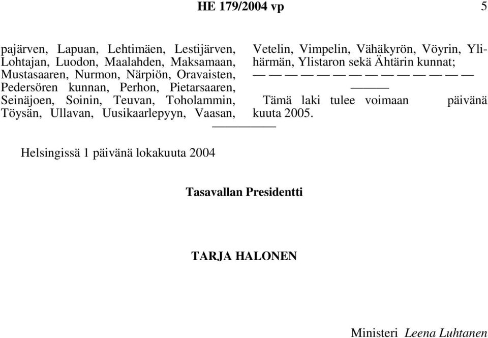 Uusikaarlepyyn, Vaasan, Helsingissä 1 päivänä lokakuuta 2004 Vetelin, Vimpelin, Vähäkyrön, Vöyrin, Ylihärmän,