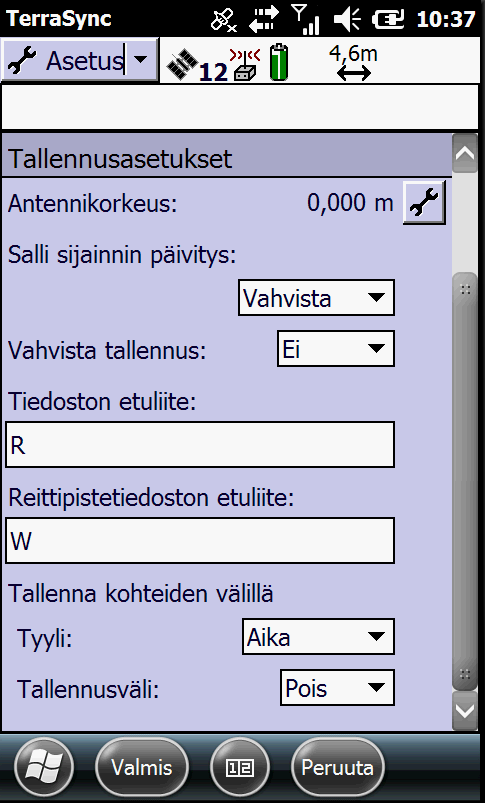 Liite 2 10(41) 2.1 Tallennusasetukset Tärkein asetus on kohta Antennikorkeus. Tämä on tärkeä tieto varsinkin kun käytetään apuna mittatikkua.