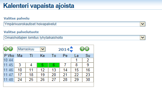 3. Merkitse vapaat ajat kalenteriin (alla oleva kuva 12) klikkaamalla haluamiasi päiviä hiirellä.