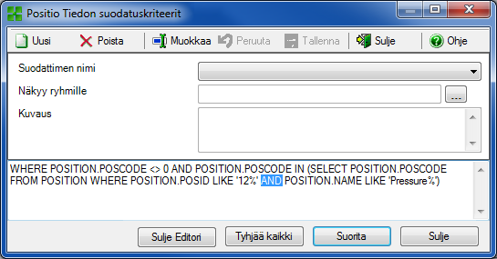Saatavuus: CMX Light CMX Professional CMX Enterprise SQL editori Tiedon suodatuskriteerit ikkunan SQL Editori painonapista voit katsoa hakukriteerejä SQL-lauseen muodossa.