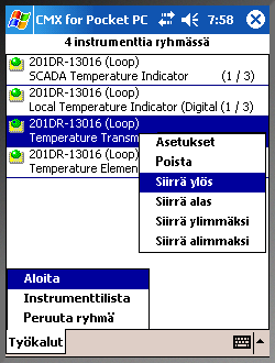 Ryhmälista Ryhmälistassa voit järjestellä instrumentit haluamaasi järjestykseen. Käytä hyväksesi ponnahdusvalikon vaihtoehtoja.