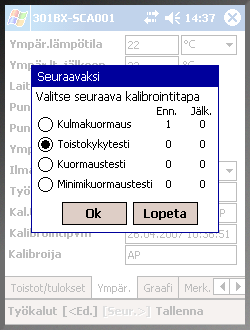 Tulosten tallennus Voit tallentaa tulokset koska tahansa kalibroinnin aikana, myös kun osa tiedoista on syöttämättä. Tällöin tulokset tallentuvat vajain tiedoin.