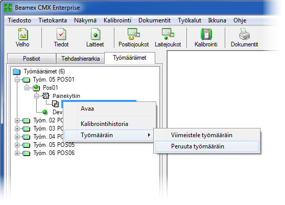 Muutokset CMX:n käyttöliittymässä Kun edistynyt työmääräimien hallinta on aktivoitu, CMX:n pääikkunassa näkyy positiopuurakenteen ja tehdasrakenteen lisäksi välilehti nimeltään Työmääräimet.