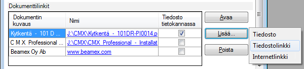 Dokumenttilinkit Useat CMX:n tietosivuista sisältävät mahdollisuuden linkittää dokumentteja.